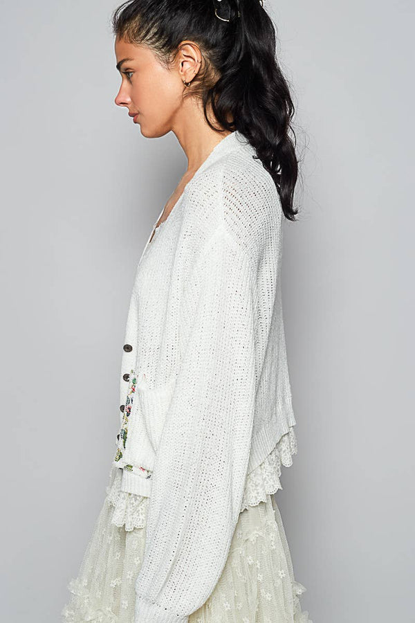 V-NECK LACE RUFFLE SWEATER CARDIGAN
