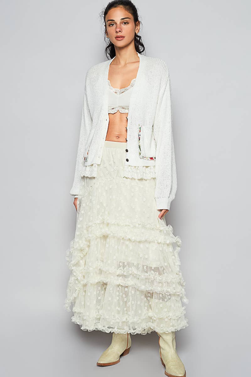 V-NECK LACE RUFFLE SWEATER CARDIGAN