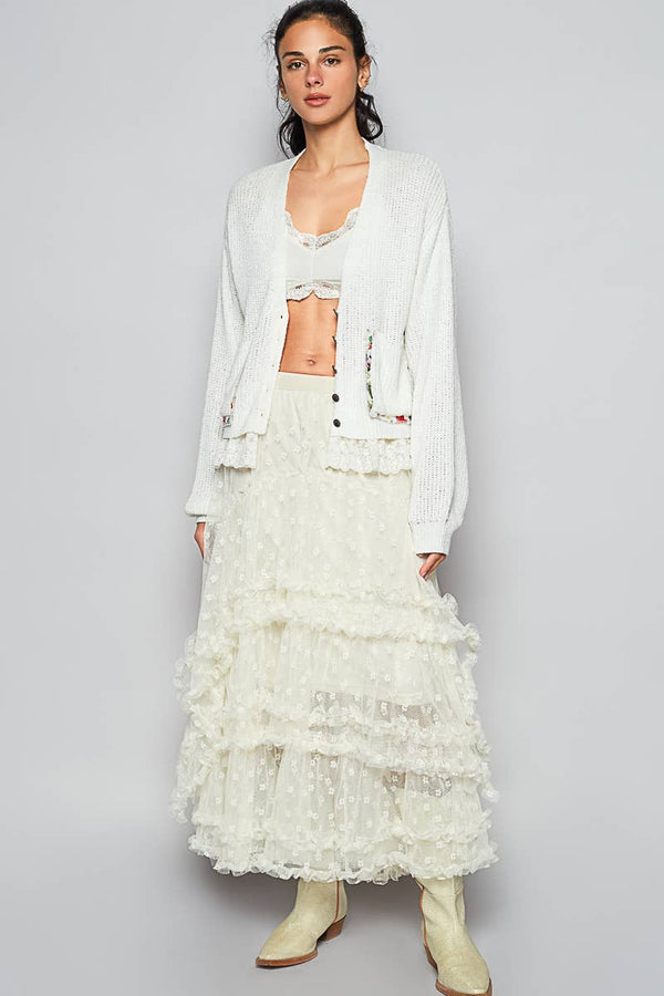 V-NECK LACE RUFFLE SWEATER CARDIGAN