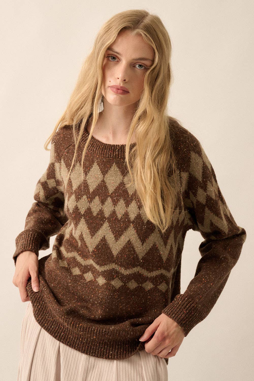 CHOCOLATE ARGYLE CONFETTI KNIT RAGLAN SWEATER