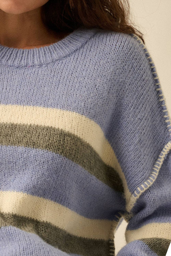 BLUE STRIPED EXPOSE-SEAM LONG SLEEVE SWEATER