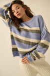 BLUE STRIPED EXPOSE-SEAM LONG SLEEVE SWEATER