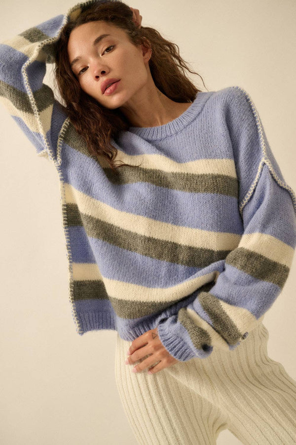 BLUE STRIPED EXPOSE-SEAM LONG SLEEVE SWEATER