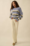 BLUE STRIPED EXPOSE-SEAM LONG SLEEVE SWEATER