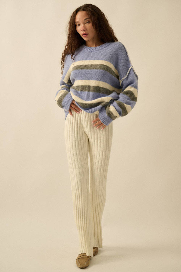 BLUE STRIPED EXPOSE-SEAM LONG SLEEVE SWEATER
