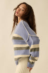 BLUE STRIPED EXPOSE-SEAM LONG SLEEVE SWEATER