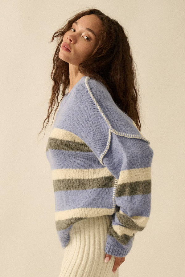 BLUE STRIPED EXPOSE-SEAM LONG SLEEVE SWEATER
