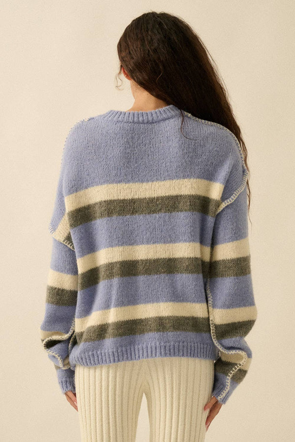 BLUE STRIPED EXPOSE-SEAM LONG SLEEVE SWEATER