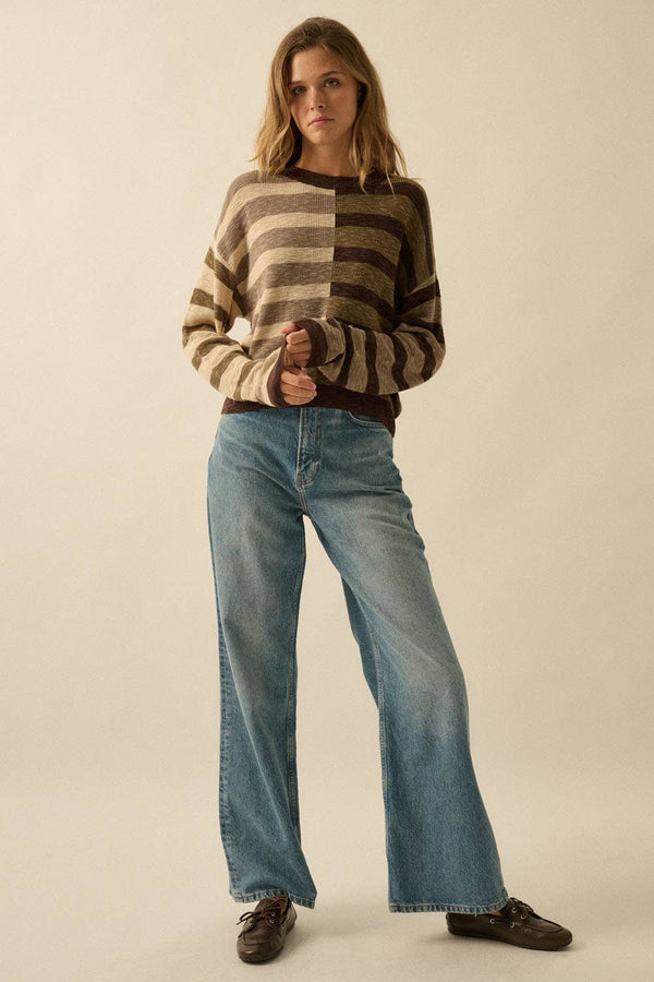 CONTRAST COLOR STRIPE RIBBED-KNIT SWEATER