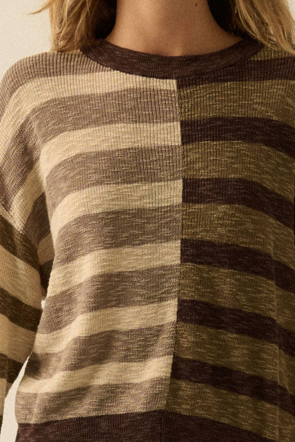 CONTRAST COLOR STRIPE RIBBED-KNIT SWEATER