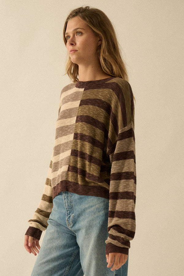 CONTRAST COLOR STRIPE RIBBED-KNIT SWEATER