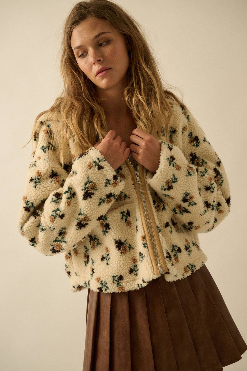 FLORAL SHERPA FLEECE HOODIE ZIP-UP JACKET