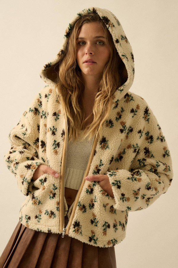 FLORAL SHERPA FLEECE HOODIE ZIP-UP JACKET