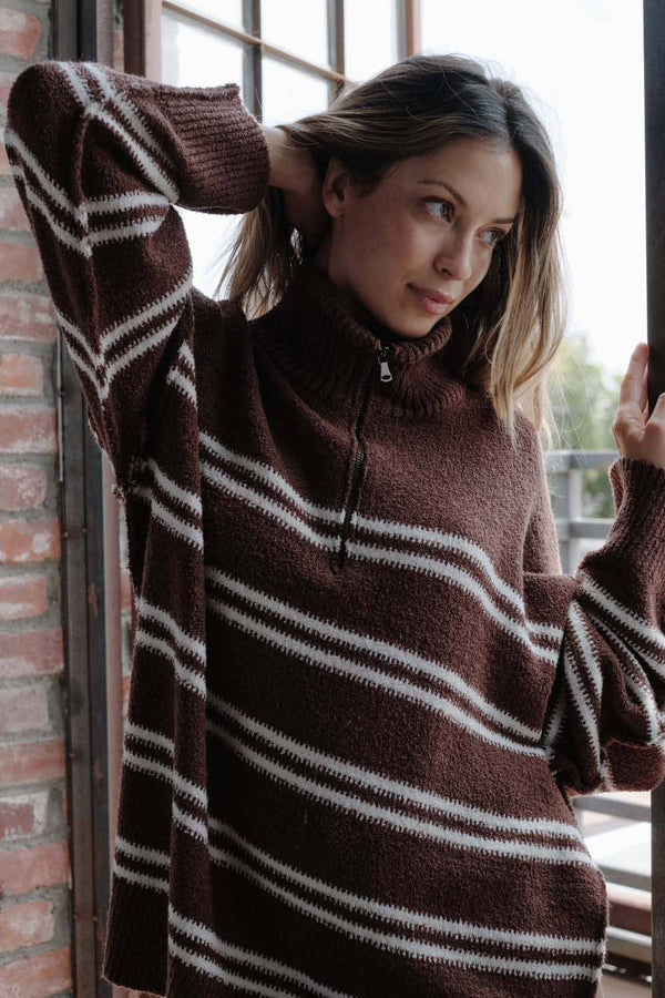 STRIPED KNIT QUARTER-ZIP SWEATER