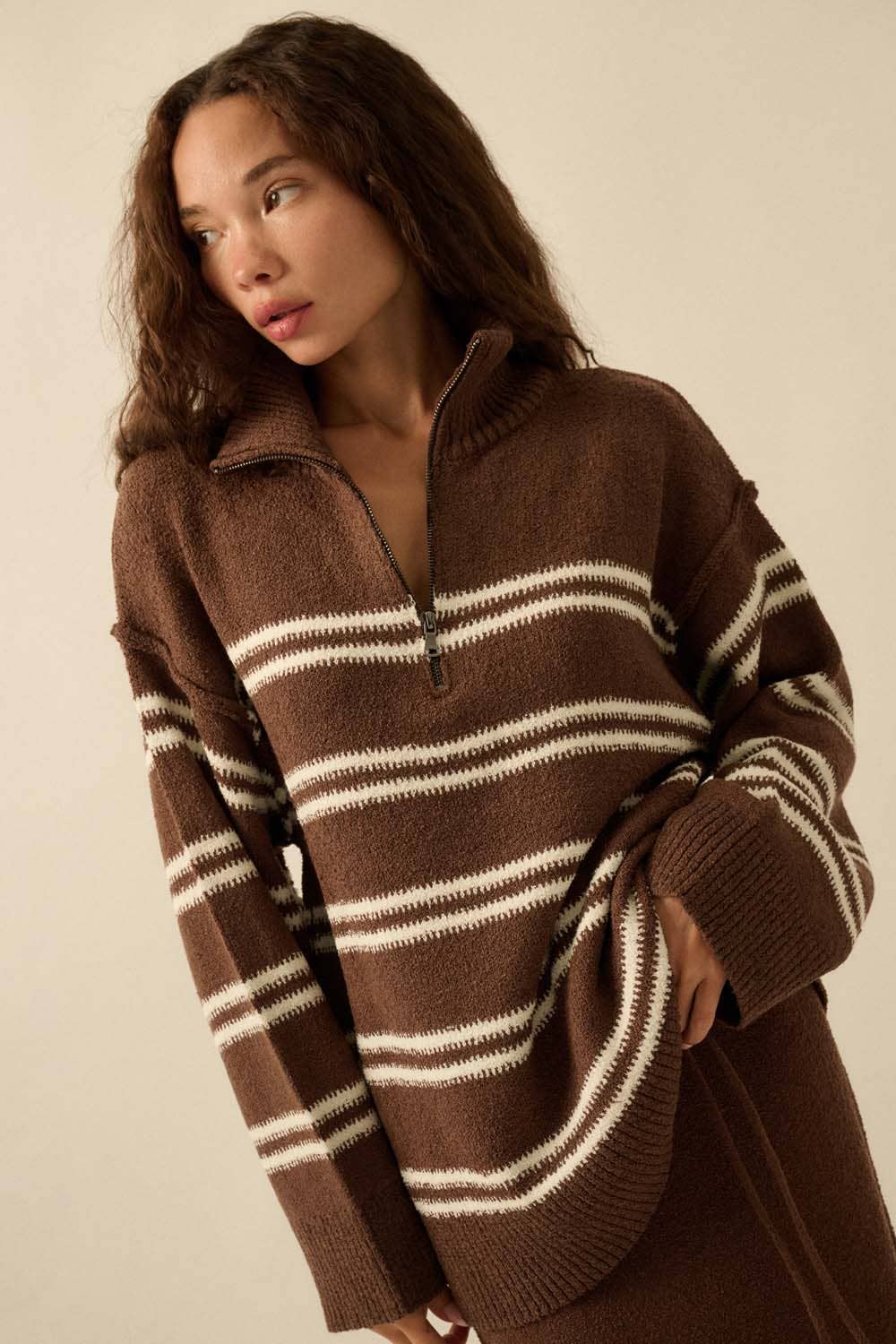 STRIPED KNIT QUARTER-ZIP SWEATER