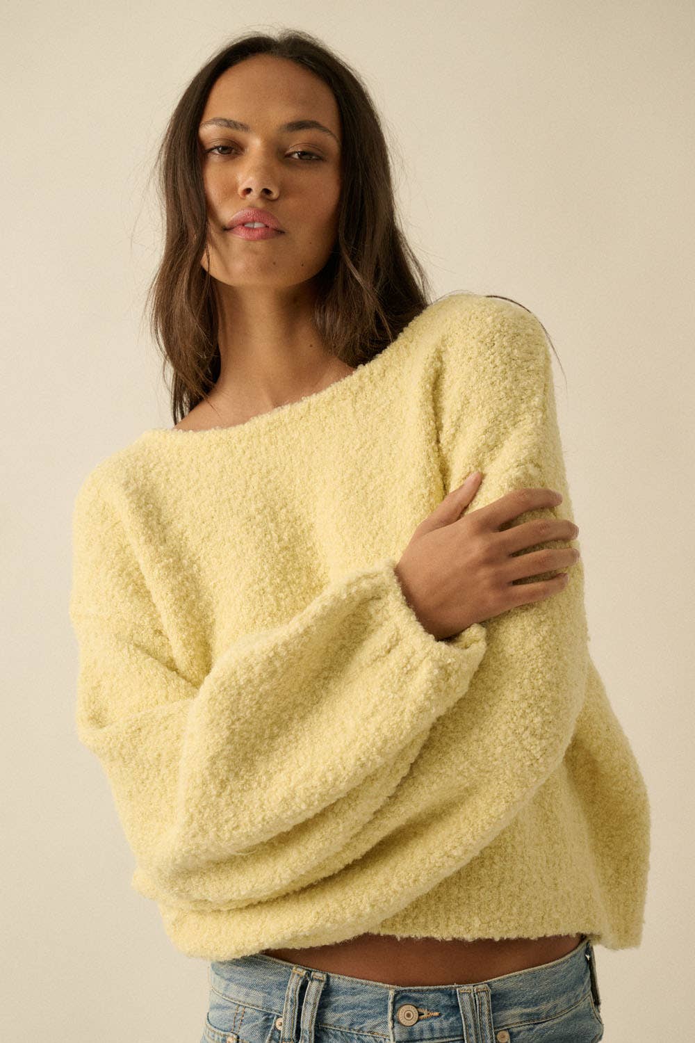 YELLOW KNIT BUBBLE-SLEEVE SWEATER