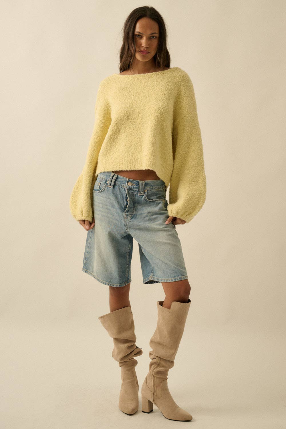 YELLOW KNIT BUBBLE-SLEEVE SWEATER