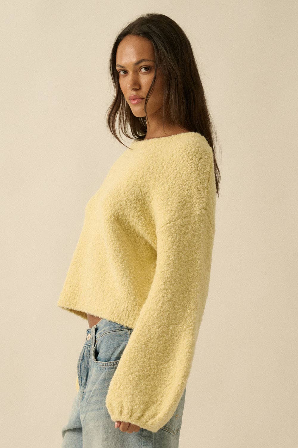 YELLOW KNIT BUBBLE-SLEEVE SWEATER