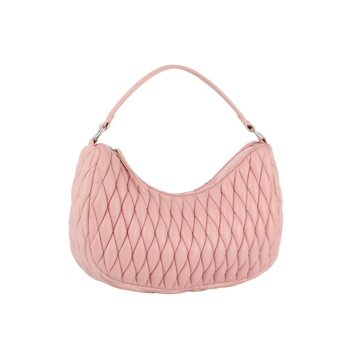 A pink nylon hobo shoulder bag with quilted details and a zip top closure, featuring silver-tone color hardware.