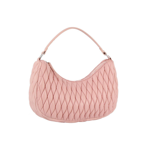 A pink nylon hobo shoulder bag with quilted details and a zip top closure, featuring silver-tone color hardware.