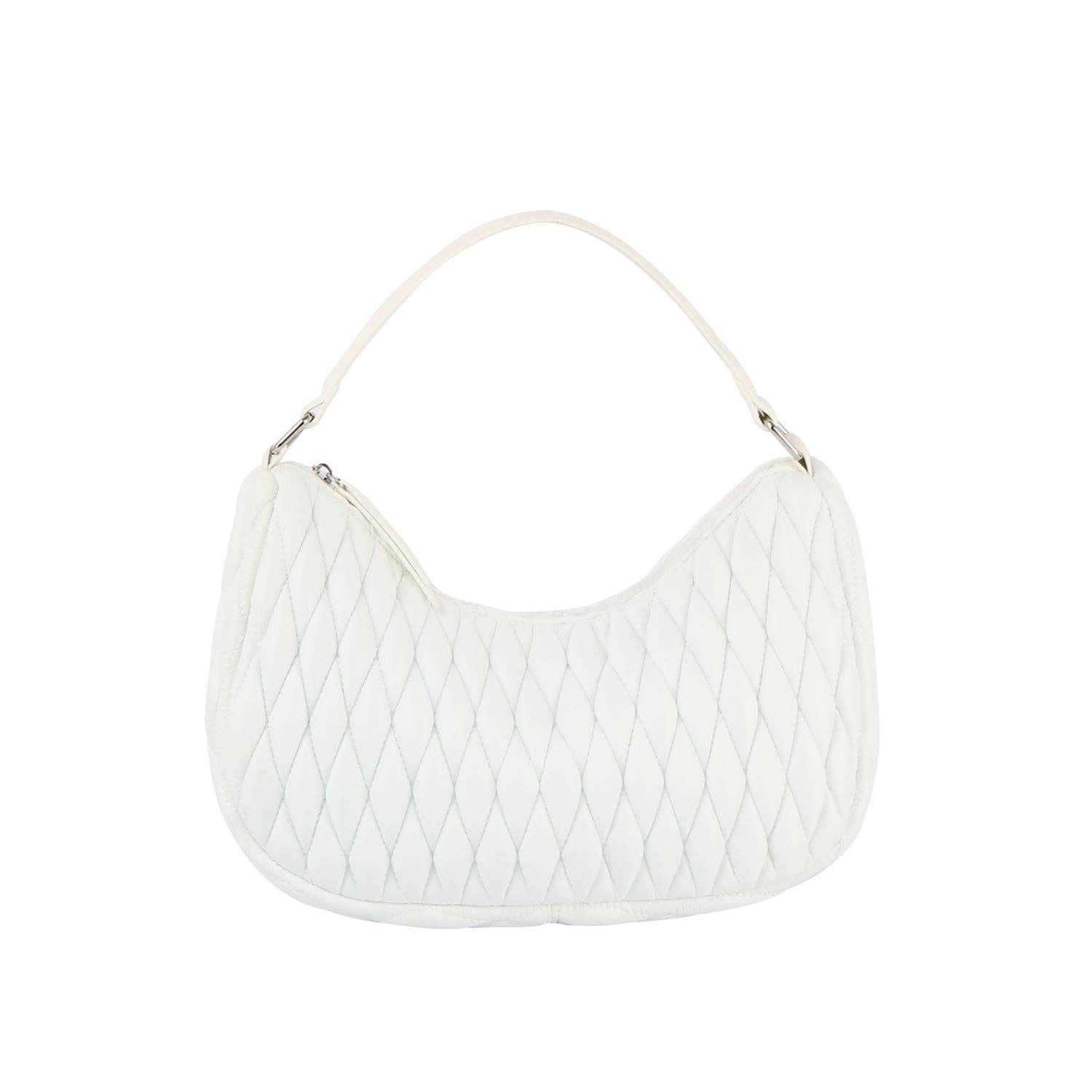 A white nylon puffy quilted hobo shoulder bag with a zip top closure and silver-tone color hardware.