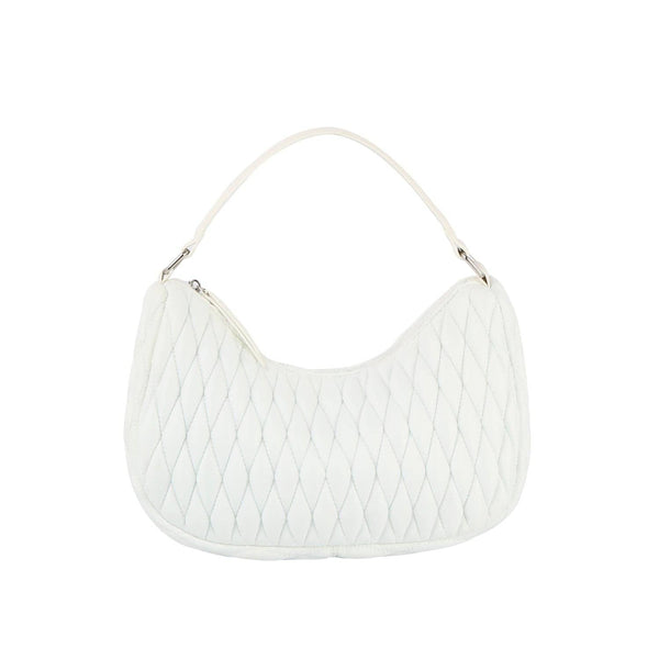 A white nylon puffy quilted hobo shoulder bag with a zip top closure and silver-tone color hardware.