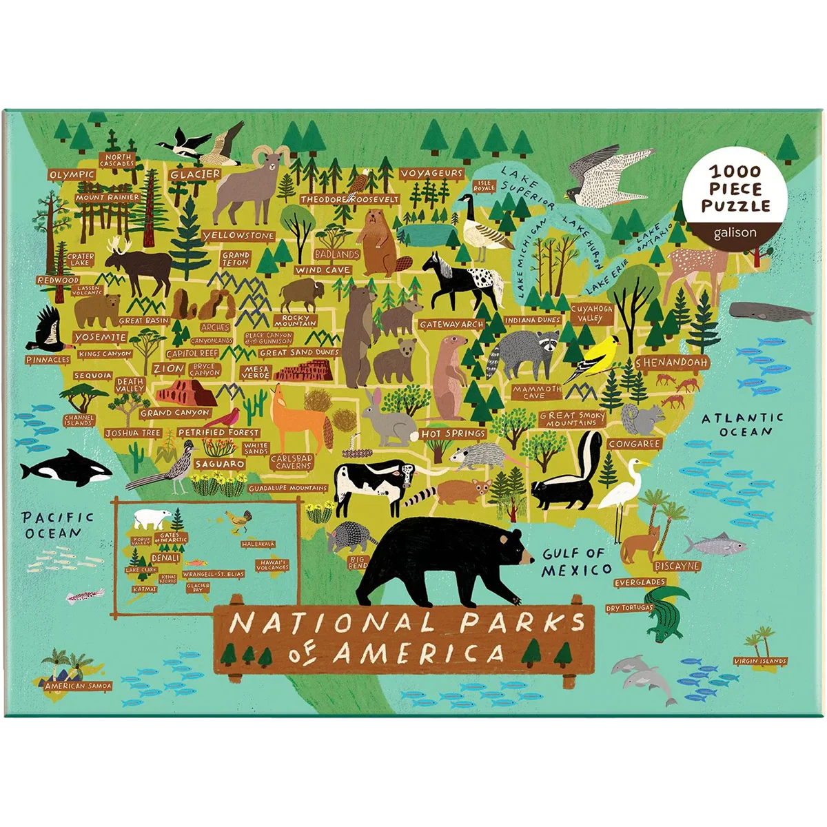 Map of National Parks of America with illustrations of animals and features, featuring a Galtion brand logo.