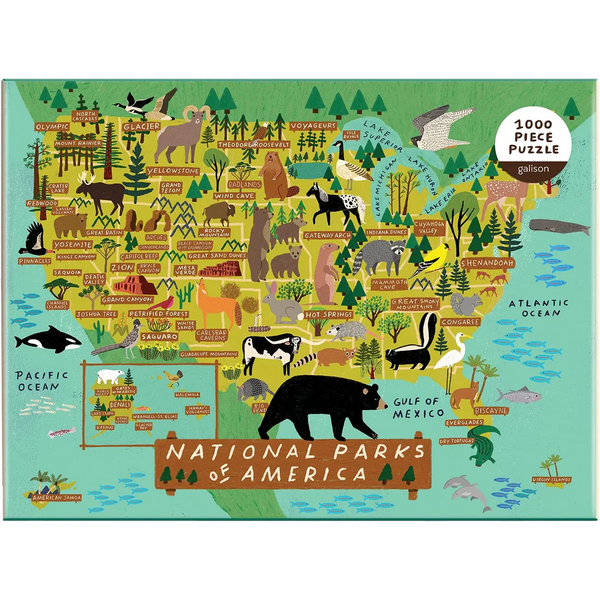 Map of National Parks of America with illustrations of animals and features, featuring a Galtion brand logo.