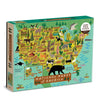 Jigsaw puzzle box featuring a map of National Parks of America with illustrations of animals and landscapes.