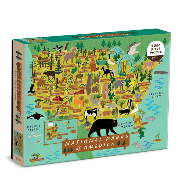 Jigsaw puzzle box featuring a map of National Parks of America with illustrations of animals and landscapes.