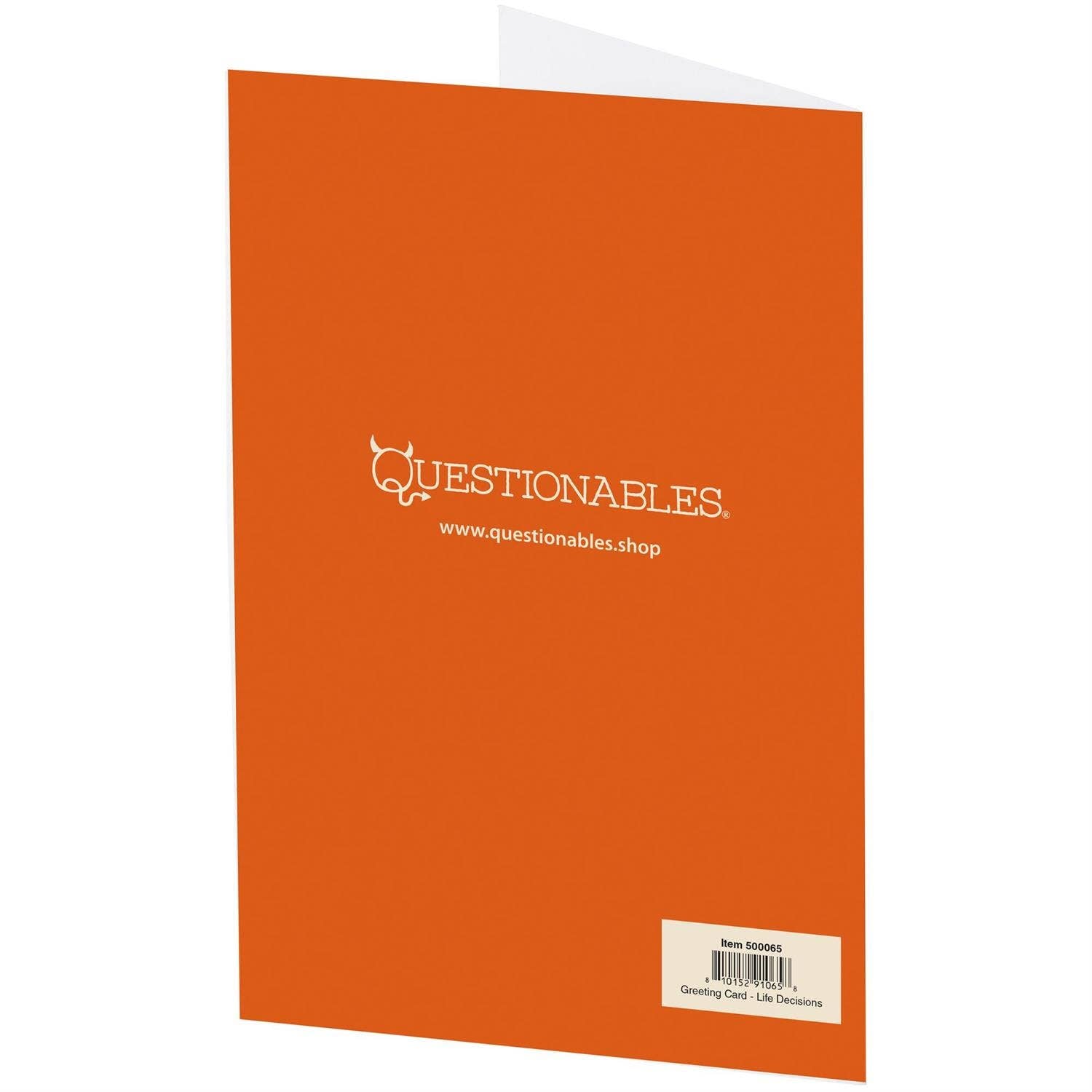 Orange greeting card with 'Questionables' logo and website text on a white background
