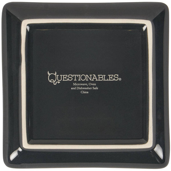Black square plate with 'Questionables' logo and text on a black background