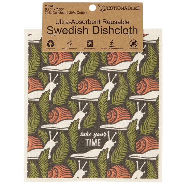 Pack of ultra-absorbent reusable Swedish dishcloth with snail pattern and 'take your time' text.