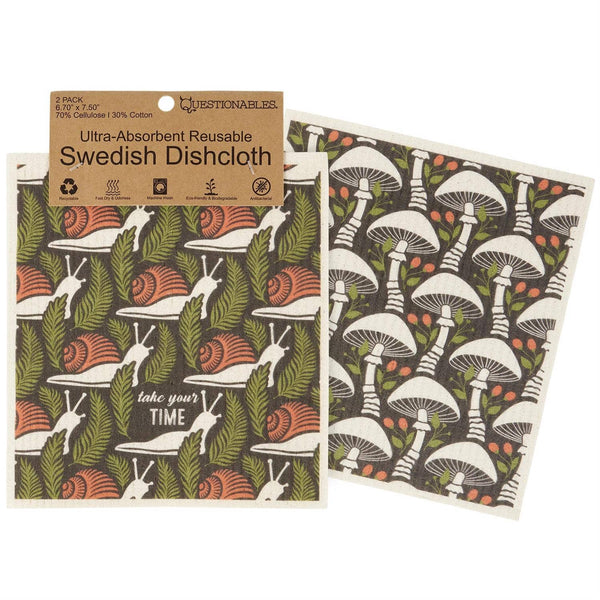 Two Swedish dishcloths with different patterns and a cardboard packaging label on a white background.