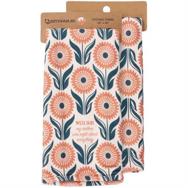 Floral patterned kitchen towel with packaging on a white background
