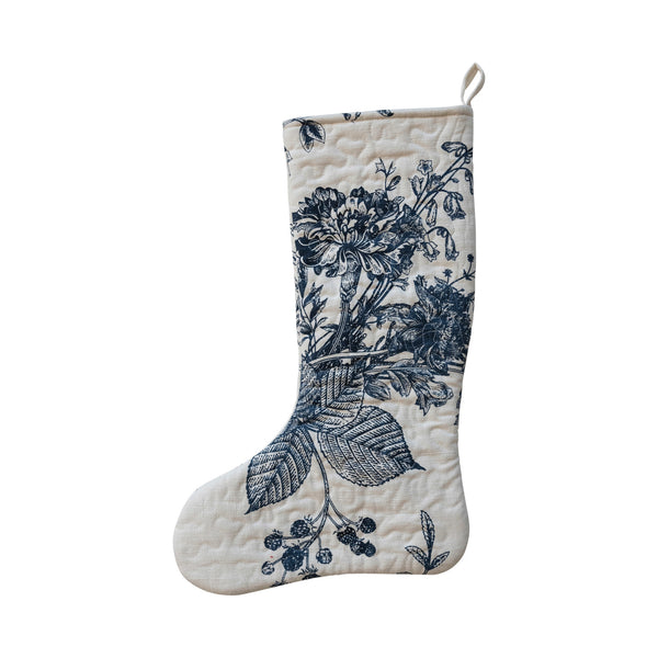 QUILTED COTTON PRINTED STOCKING W/ BOTANICAL PRINT, WHITE & BLUE