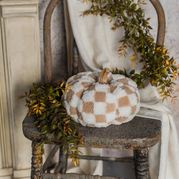 6.5" BROWN & CREAM CHECK FABRIC PUMPKIN