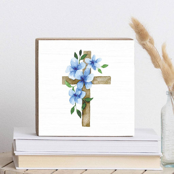 MORNING GLORY FLORAL CROSS DECORATIVE WOODEN BLOCK