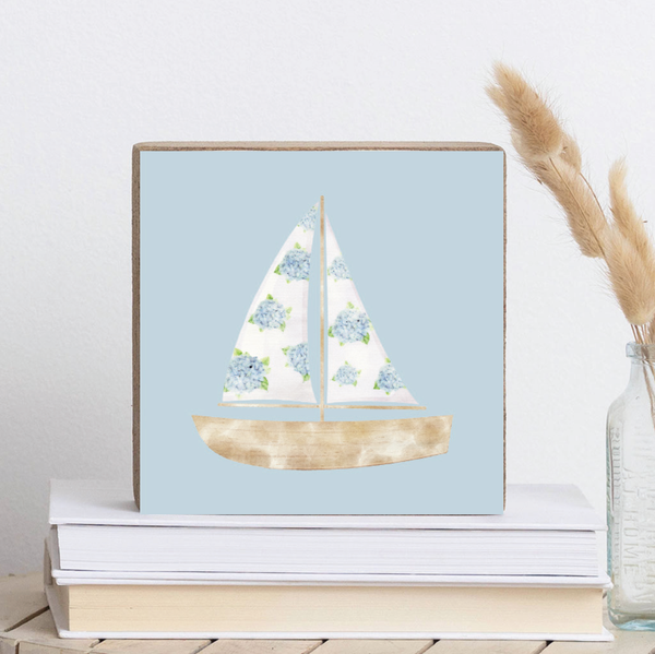 HYDRANGEA SAILBOAT DECORATIVE WOODEN BLOCK