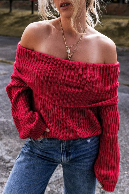 OFF SHOULDER RIBBED KNIT SWEATER