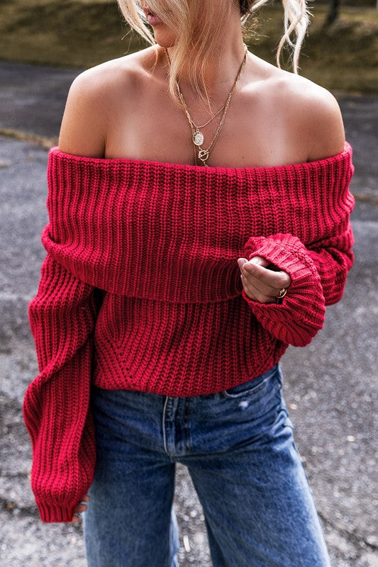 OFF SHOULDER RIBBED KNIT SWEATER