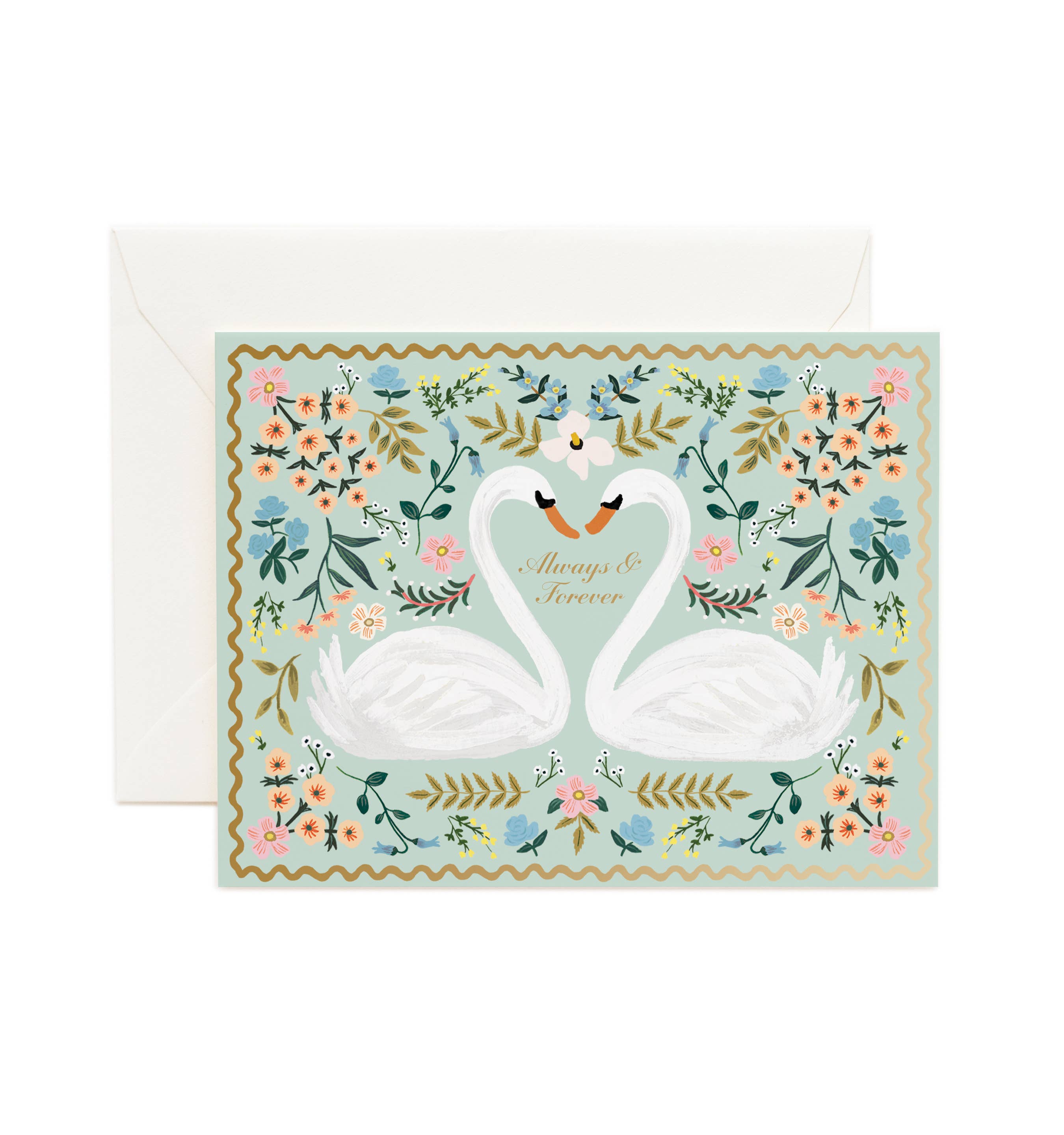 A wedding card with a natural white cover, featuring a printed design with swans, floral elements and the phrase 'Happy Forever After' on the front, accompanied by a soft white envelope.