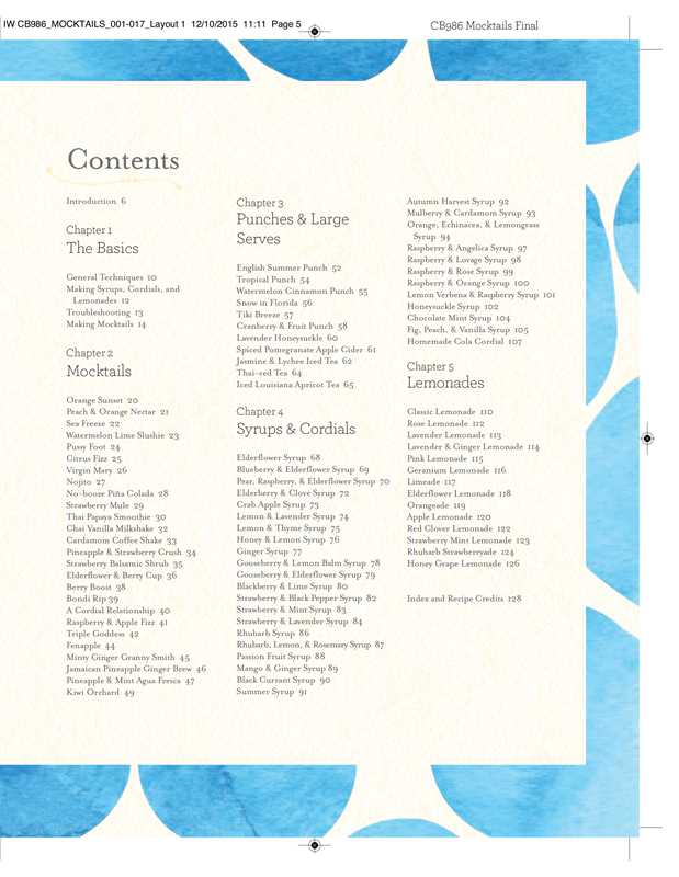 Table of contents for a recipe book with blue decorative elements on a white background