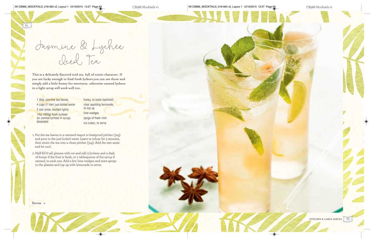 Dessert recipe page with a drink and garnishes on a decorative background