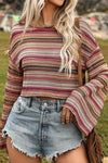 RED ETHNIC STRIPED WIDE CROPPED LONG SLEEVE TOP