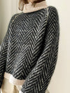 ELEGANT CHEVRON PATTERN KNIT TURTLENECK SWEATER: BLACK
