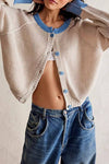 CONTRAST TRIM SLOUCHY BUTTON DOWN CROPPED KNIT CARDIGAN: BEIGE