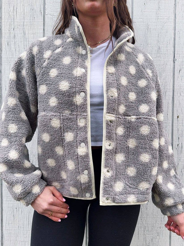 GREY & WHITE POLKA DOT SNAP BUTTON SHERPA JACKET
