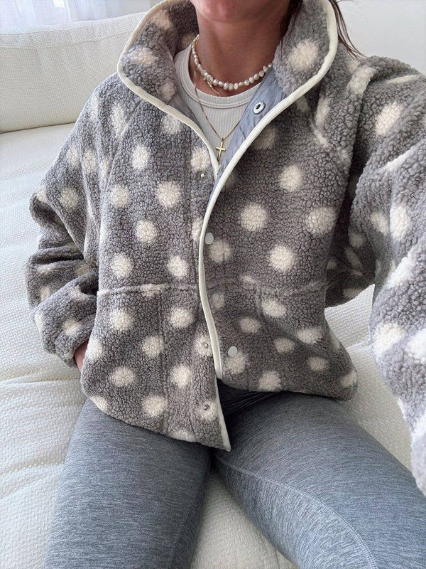 GREY & WHITE POLKA DOT SNAP BUTTON SHERPA JACKET