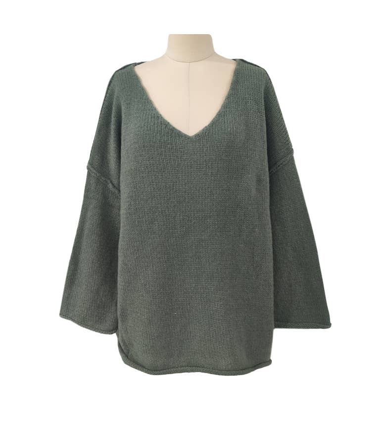 RIZZ SLOUCHY V-NECK FLARE SLEEVE KNIT SWEATER JUMPER: MOSS